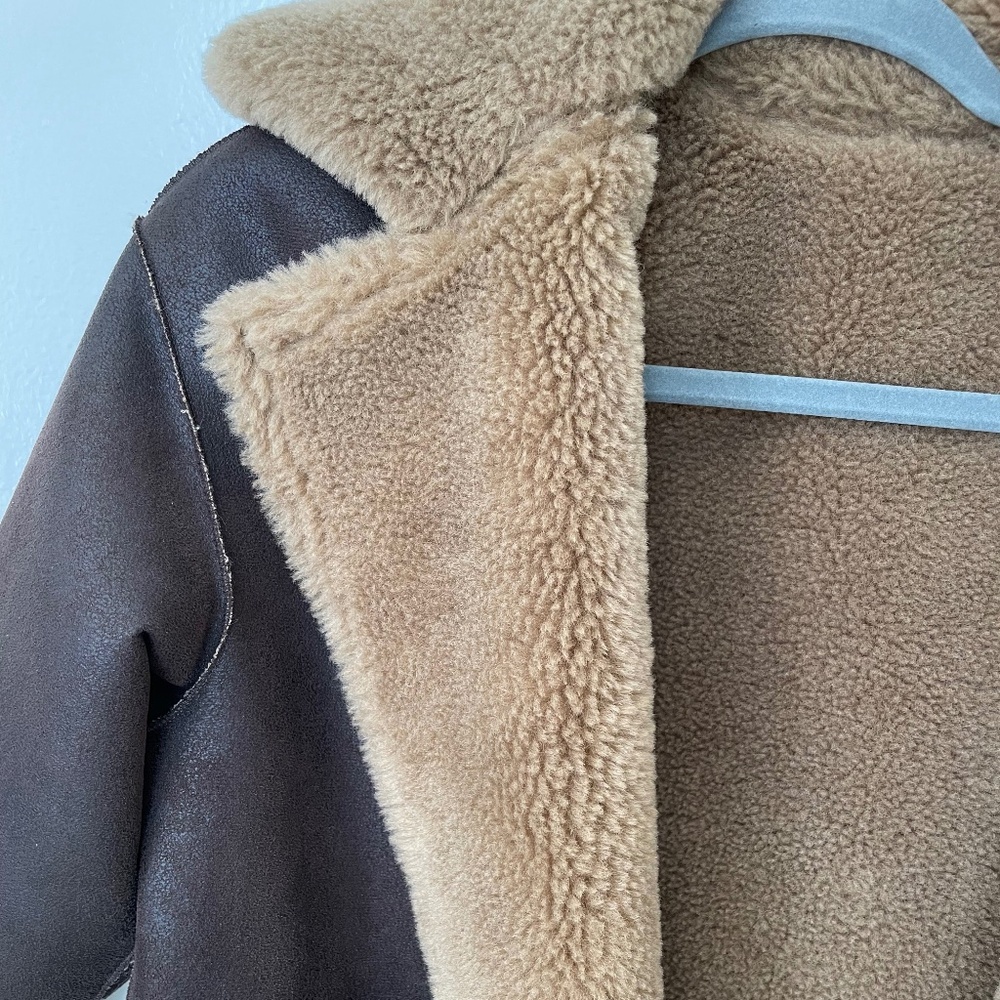 Mango Brown Shearling-Lined Coat with Tan Faux Fur Collar
